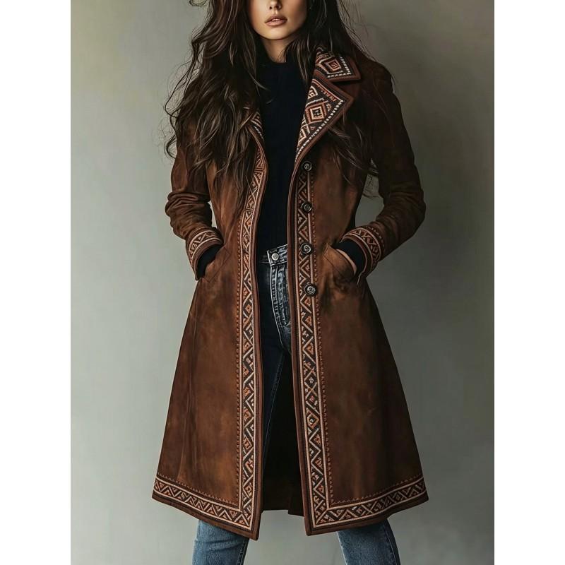 2026 Fall Winter Womens Faux Suede Trench Coat Printed Turn Down Collar Loose Fit Outerwear