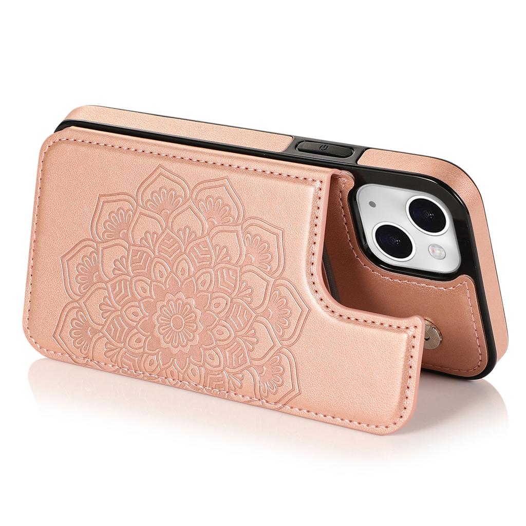 For iPhone 14 Case Imprinted Mandala Flower Kickstand PU Leather+TPU Phone Cover