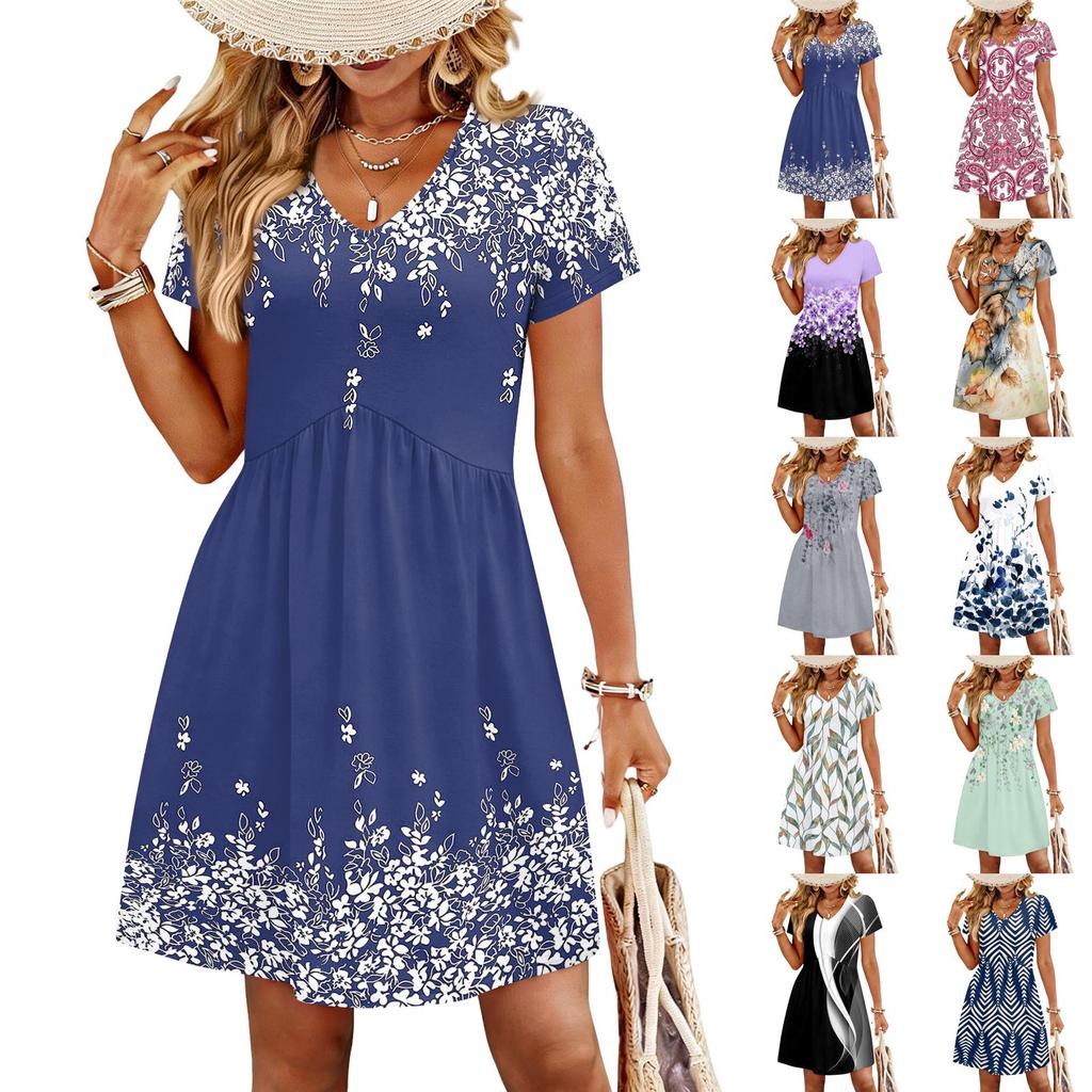 Modisches Damenkleid mit Print, V-Ausschnitt, kurzärmelig, locker, lässig, für den Strandurlaub