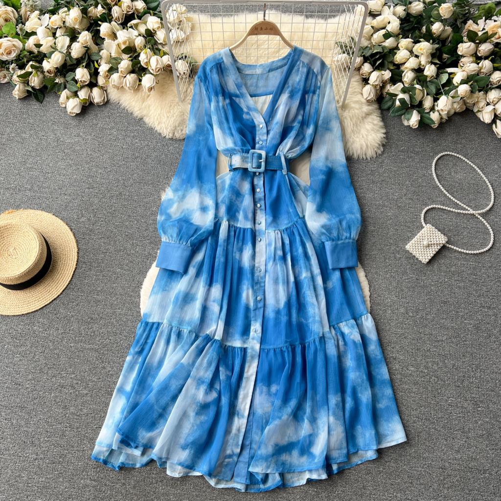 Women French Fashion Single Breasted V Neck Long Dress With Belt Summer Autumn Elegant Print A-line Robe Female Holiday Clothes
