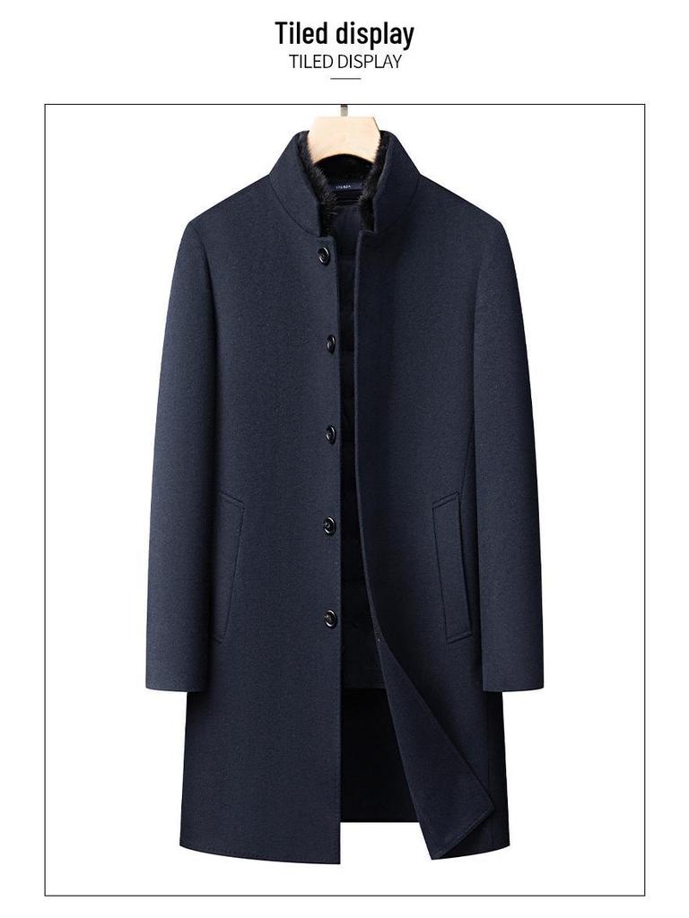 Men's Single-Breasted Stand-Collar Wool Gabardine Trench Coat - Business Casual Long Jacket