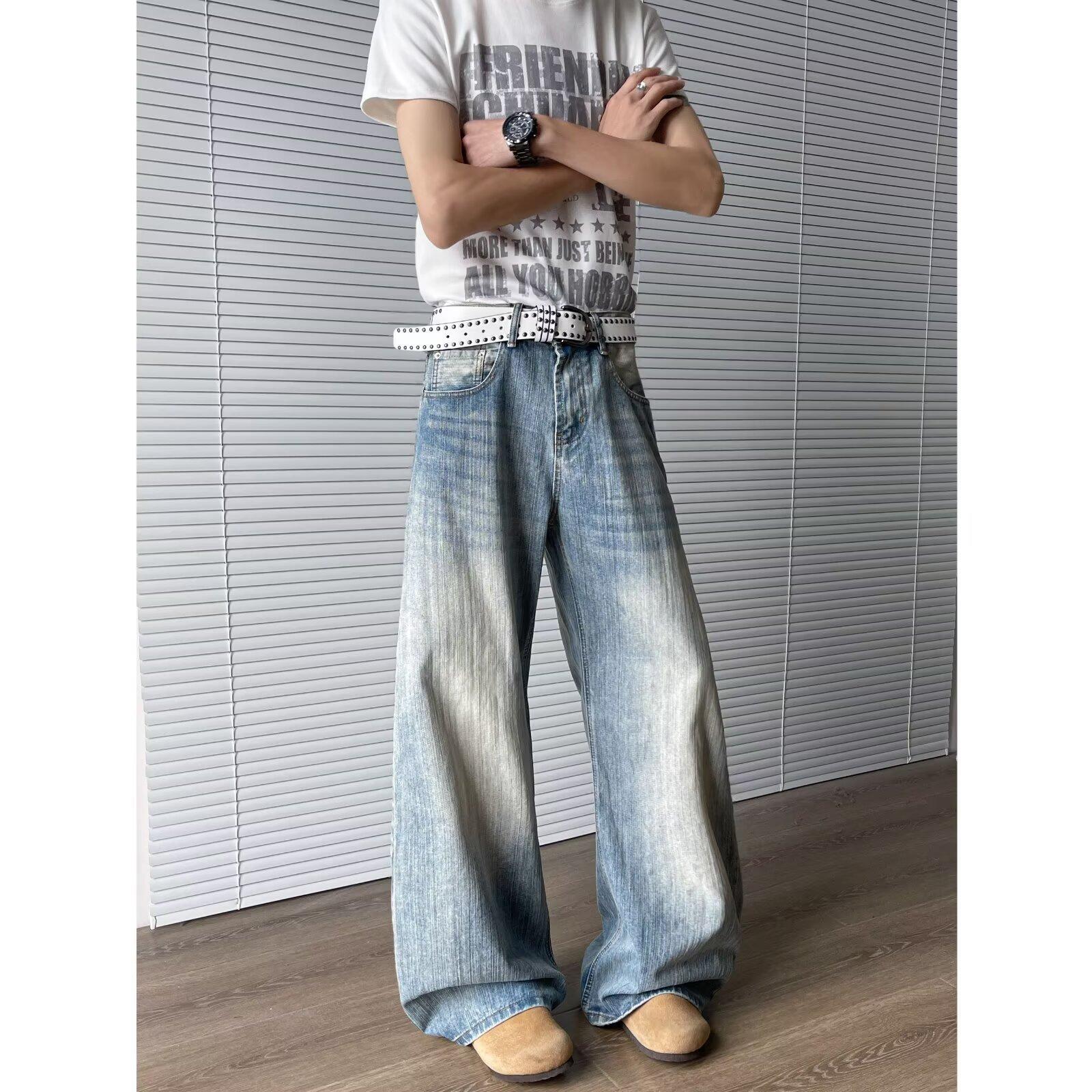 Джинсы JYL для пар Уличные Петля Пряжка Пэчворк Крой Американские Расклешенные Свободные Деним XXL