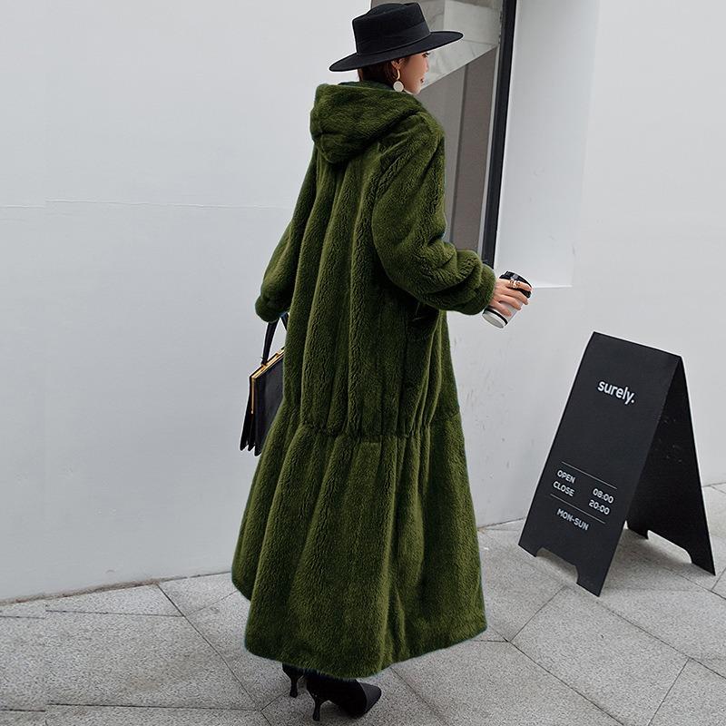 Winter New Casual Temperament Loose Imitation Rex Rabbit Fur Jacket Women's Hooded Long Coat Trendy