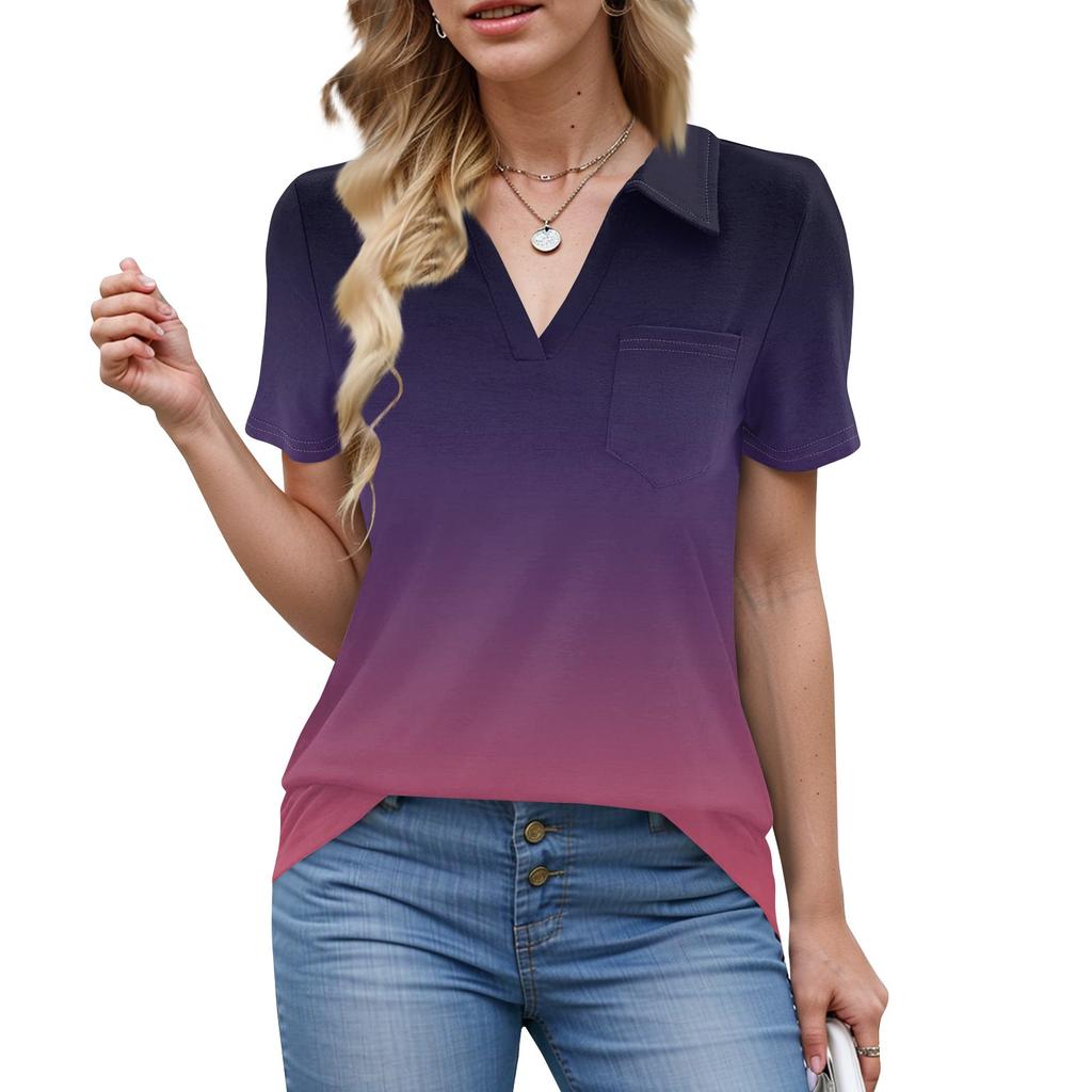 Damen Bluse Sommer Business Casual Arbeitstops Kurzarm Button-Down-Kragen V-Ausschnitt Bluse T-Shirt