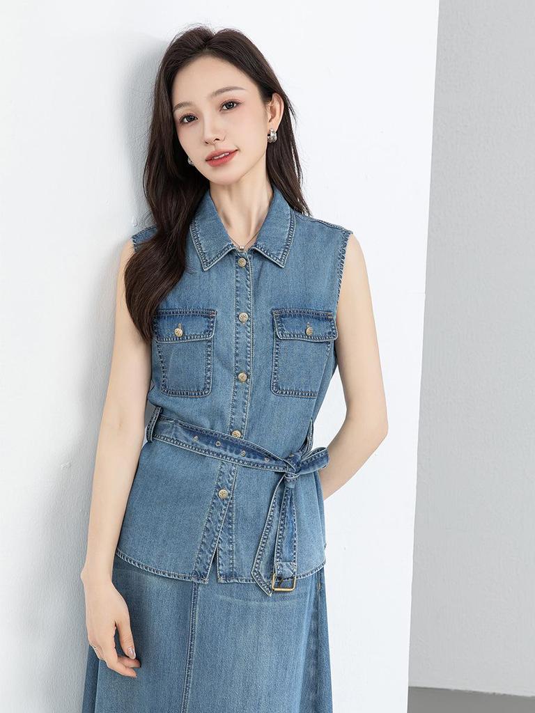 Vintage Charm Denim Vest & Skirt Set - Waist-Cinching Lace-Up, Sleeveless Lapel Top for Versatile Style