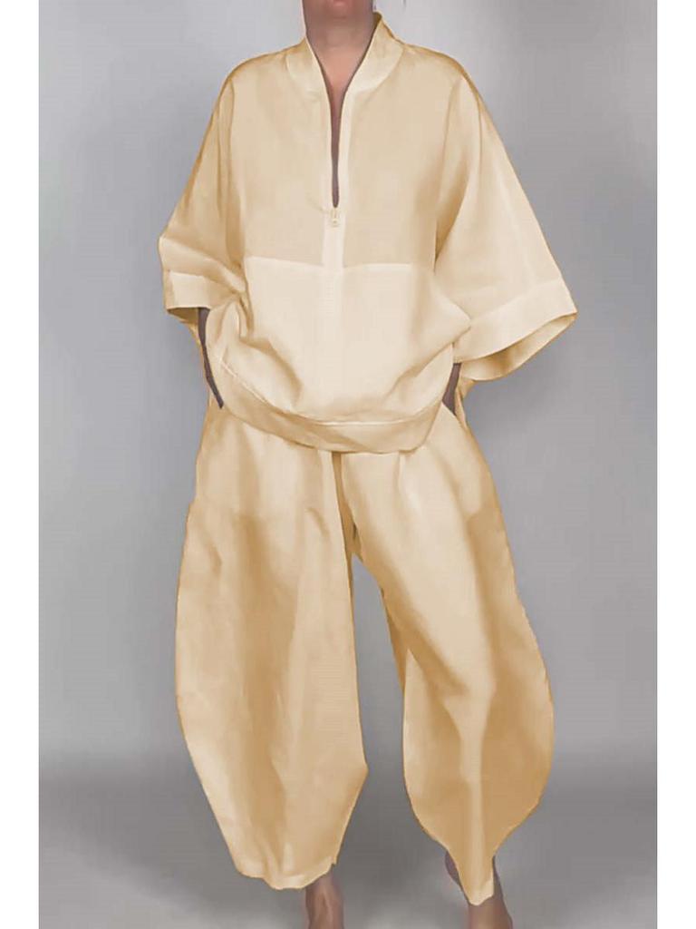 2024 Women's Autumn Loose Casual Half-Zip Top & Bloom Pants Set