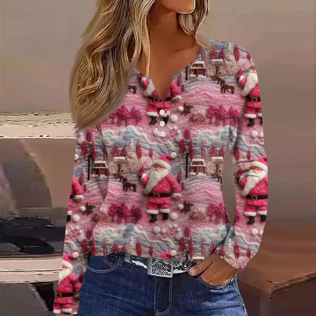 Women's Fashion Casual V-Neck Button-Up Long-Sleeve T-Shirt With Christmas Print Top