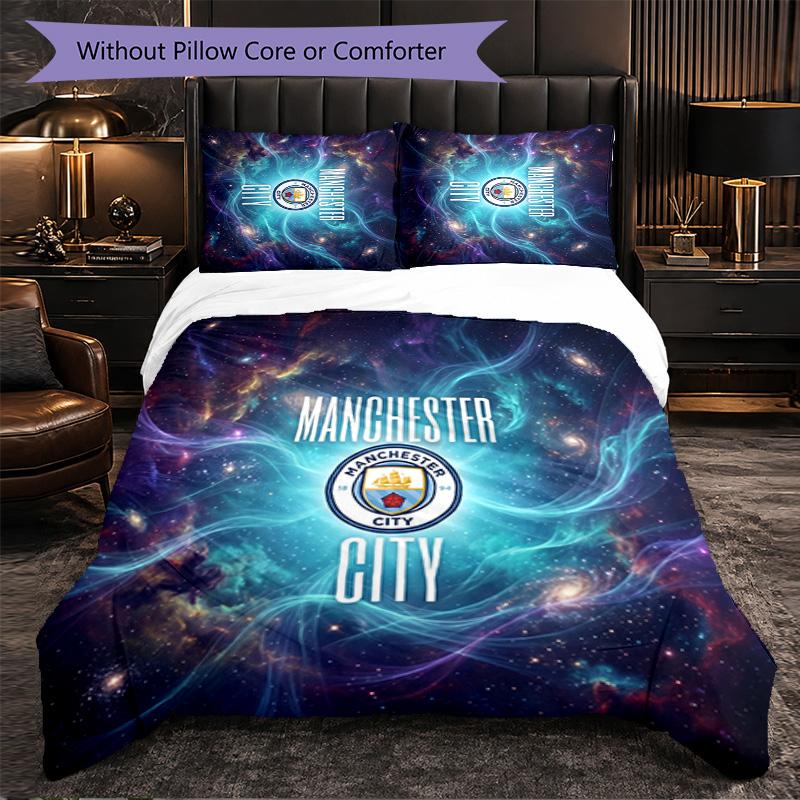 Manchester City Pattern 3 Pieces Bedding Set Soft Microfiber Duvet Cover with Pillow Cases for Bedroom