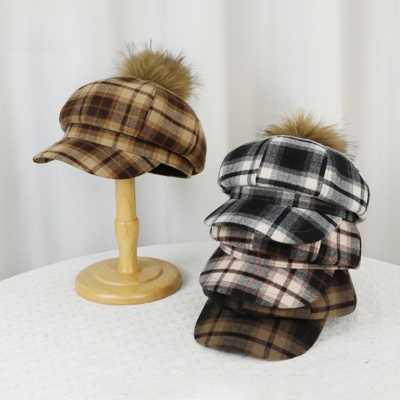 Vintage Karo-Barett für Damen mit warmem Fleece Winter-Modeaccessoire