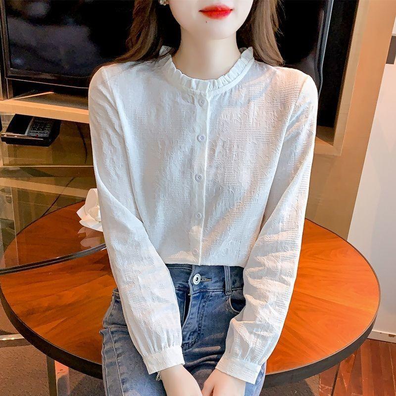 Women Ruffled Collar Elegant Jacquard Long Sleeve Cotton Shirt S