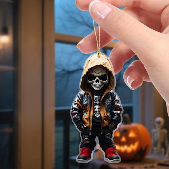 Halloween Car Ornament Cool Skeleton Acrylic Car Rearview Mirror Charm 2D Flat Skull Hanging Pendant for Car Interior Backpack Accessory