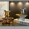 Artistic Abs Bear Sculpture with Metal Tray Decorative Figurine for Entryway Storage, Living Room, Office Desk, and Home Display