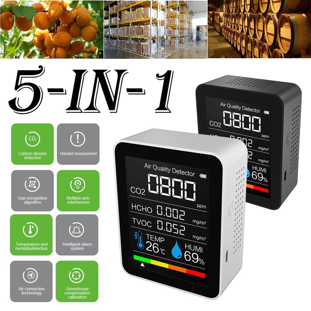 Air Quality Monitor 5 in1 CO2 Meter Digital Temperature Humidity Sensor Tester Carbon Dioxide TVOC Formaldehyde HCHO Detector