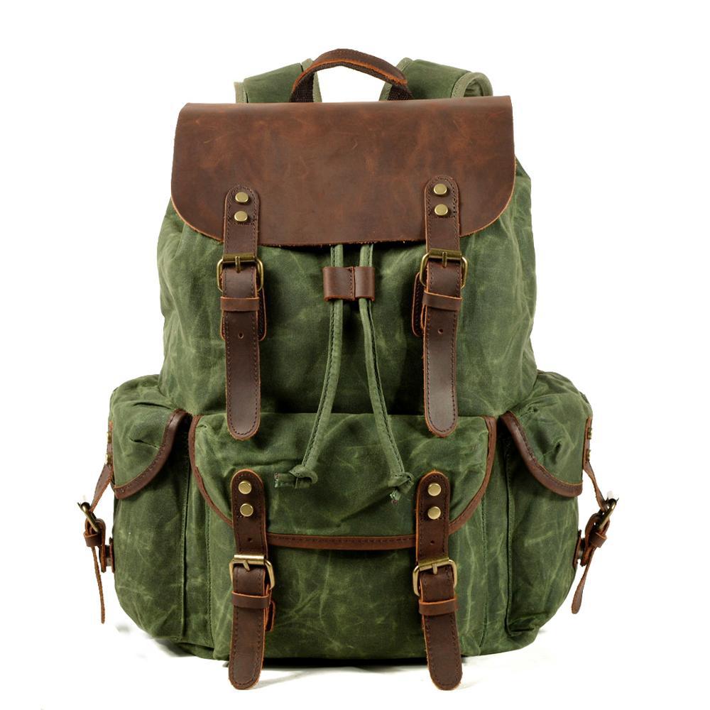 Oil Waxed Traveling Students Rucksacks Large Capacity Waterproof Laptop Daypacks Pure Cotton Canvas Leather Backpacks