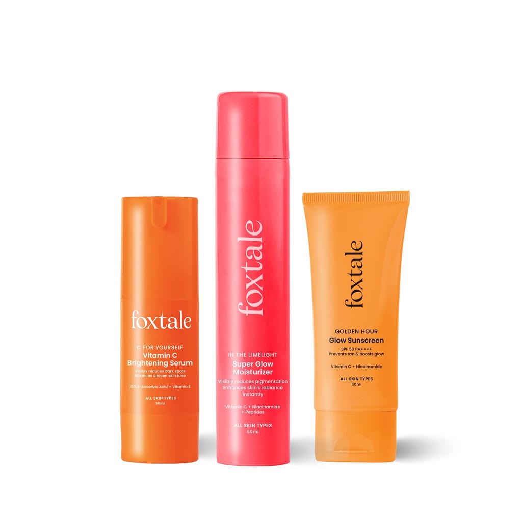 Foxtale Unstoppable Glow Combo | SPF 50 Sunscreen, Vitamin C Serum & Super Glow Moisturizer | Brightens Skin, Fades Dark Spots & Reduces Pigmentati