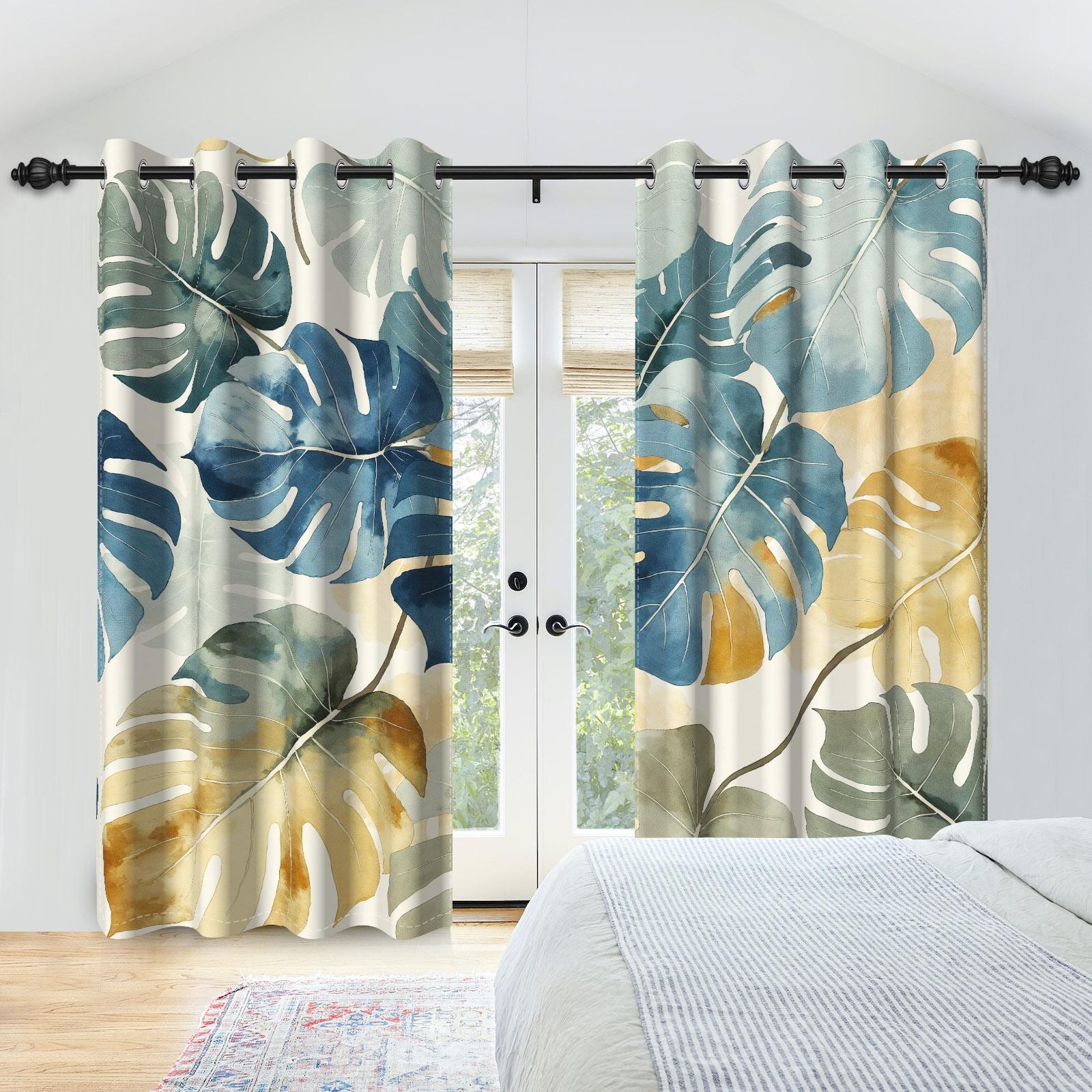 

Fresh Green Palm Leaf Print Curtains Plant Leaves Lavender Nature Themed Blackout Drapes Bedroom Living Room Decoration Curtain 53x115cm 2pcs