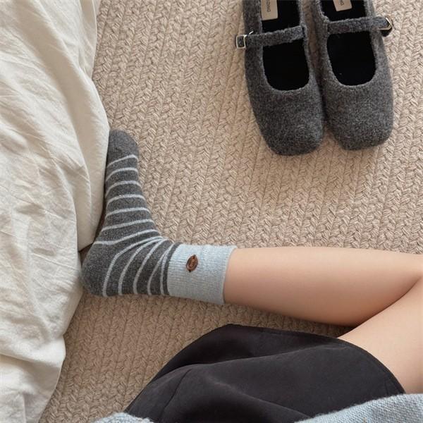 Egg Button Wool Socks Children'S Season Socks Striped Thickened Warm Stacking Socks Winter Confinement Socks