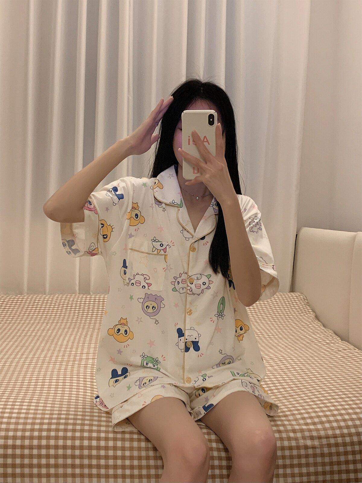 

Japanese Internet celebrity cartoon Takuma song pajamas women s summer cardigan short-sleeved two-piece princess style loungewear S