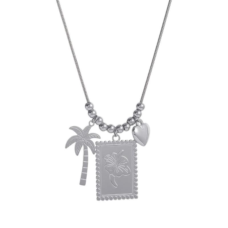 Fashionable Gold Plated Coconut Tree Necklace Stainless Steel Chain With Floral Accent Jewelry For Daily Wear серебряный