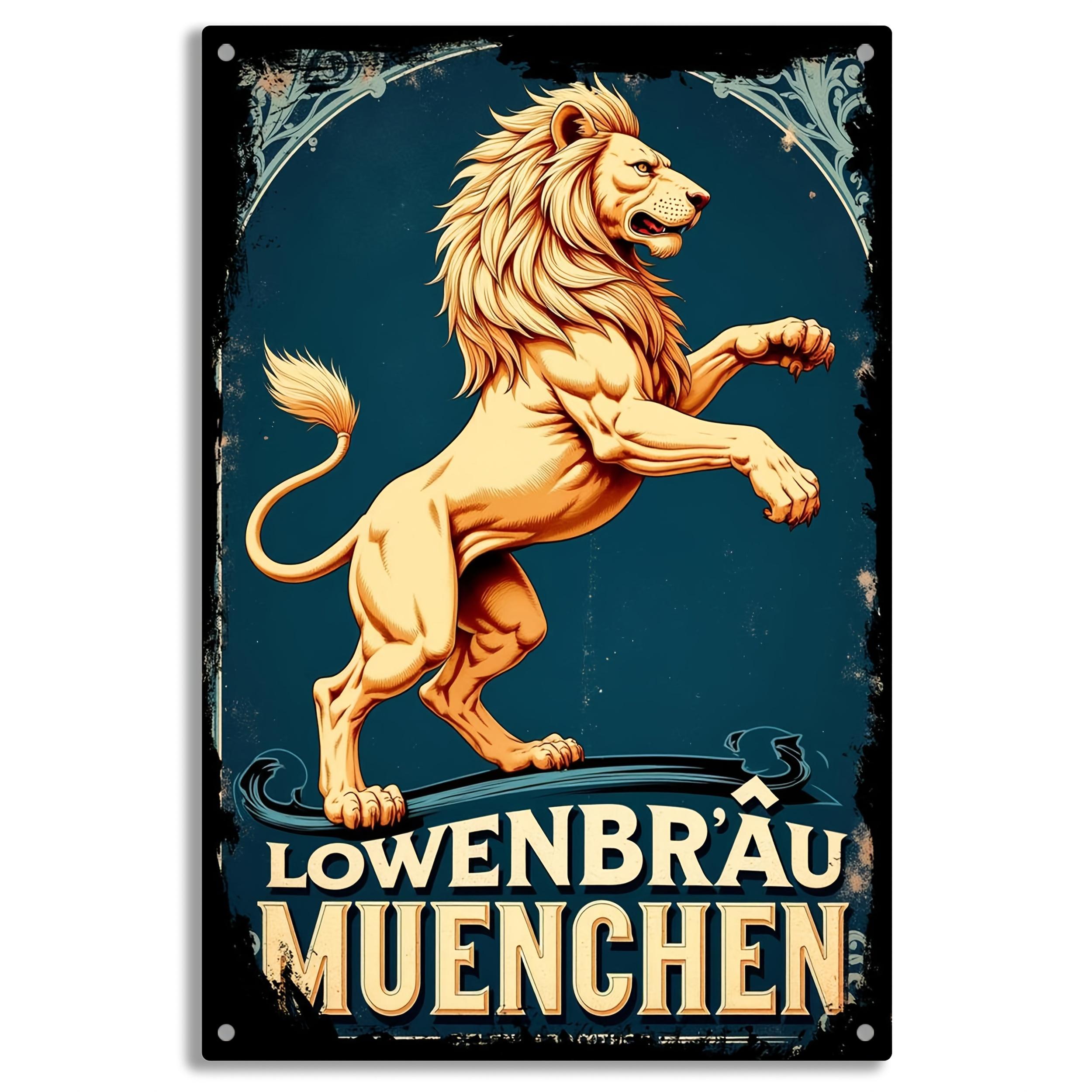 Vintage Lion Brewery Advertisement Metal Tin Sign Retro German Beer Poster Style Wall Decor with Golden Lion Head HeavyDuty 20x30cm