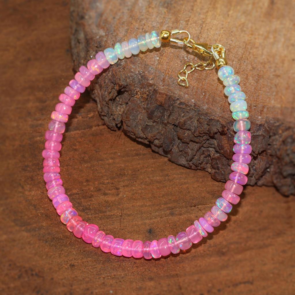 Pink Shaded Opal Beads Bracelet, Multifire Opal Beads Handmade Bracelet, Natural Opal Beaded Bracelet, Opal Birthstone Jewelry, Gift for Her