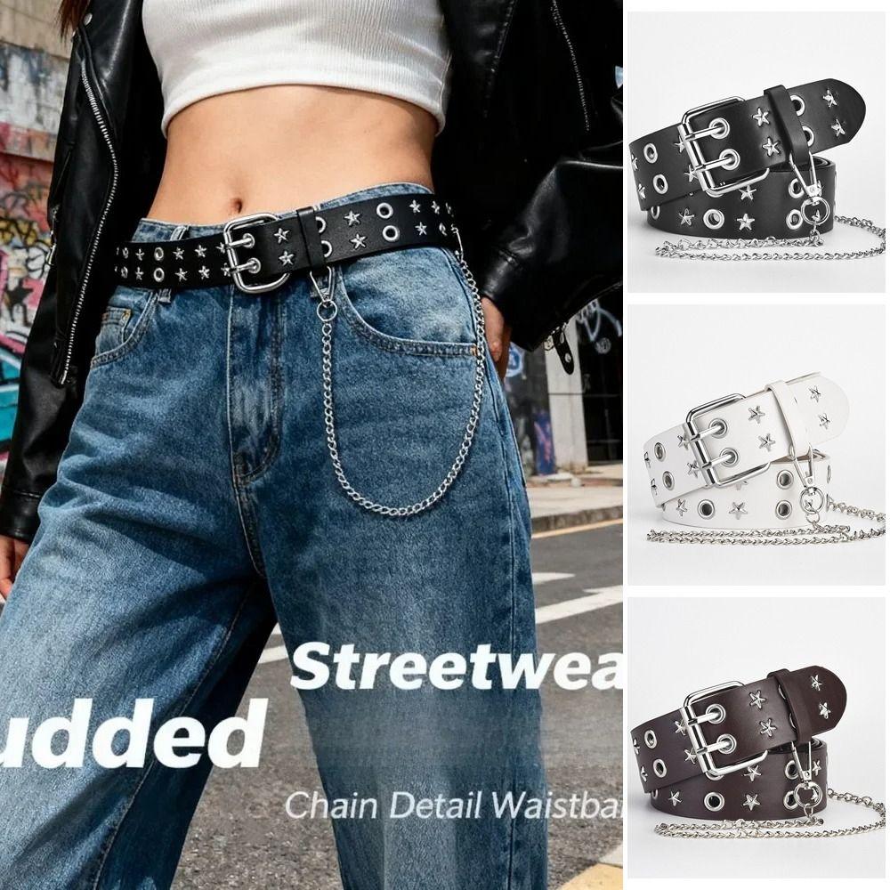 PU Leather Double Row Buckle Waistband Metal Y2K Belt Cool Men Belt  Female
