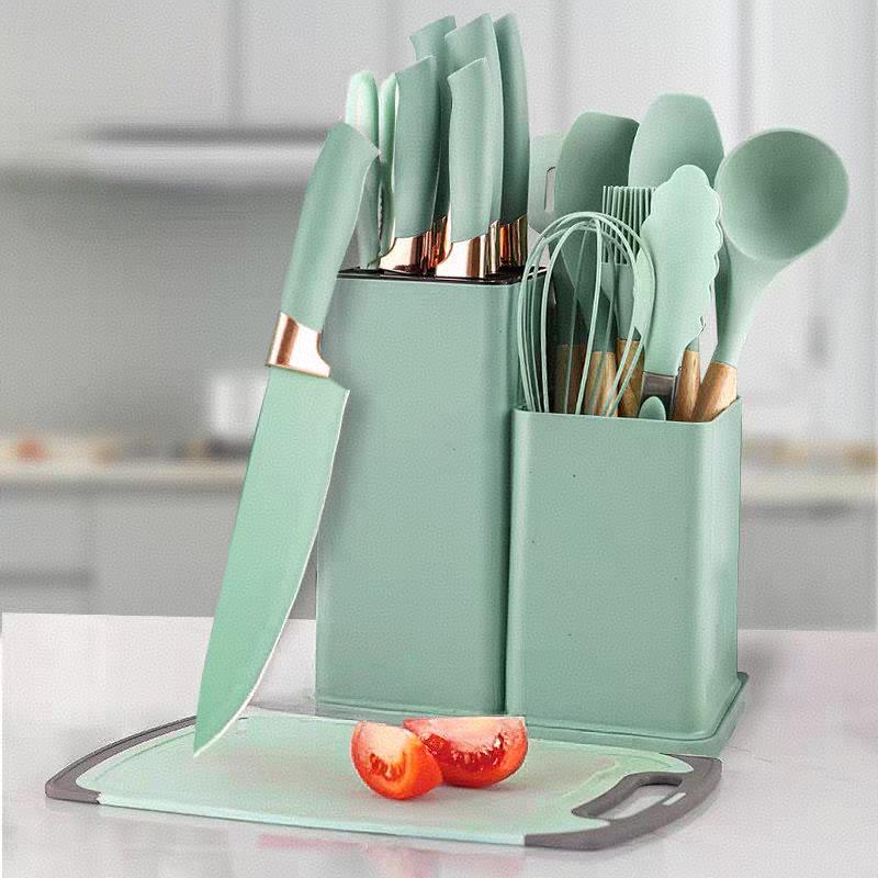 19-Piece Silicone Kitchen Utensil Set: Knives, Tools, Spatula, Ladle, Scraper, Cutting Board with Storage