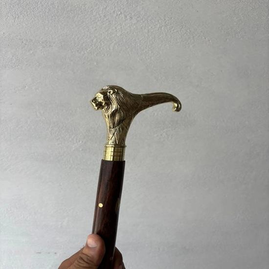 Handmade Brass Lion Head Walking Stick: Teak Wood Cane with Inlay Home Decor