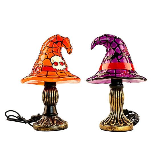 Halloweenový čarodějnický klobouk Stolní lampa, USB vitrážová čarodějnická klobouková lampa, Vintage gotický kouzelnický klobouk Dekorativní noční světlo pro domov, ložnici
