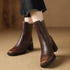 Fashion 2025 New Split Leather Boots Women Square Toe Elastic Band Chunky High Heels Autumn Winter Ankle Boots Ladies Office Dress Shoes
