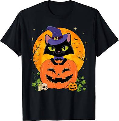 Black Cat Pumpkin Halloween T-Shirt Cute Spooky 100% Cotton Shirt