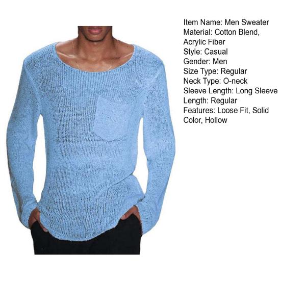 Men O-Neck Long Sleeve Knitting Sweater Solid Color Hollow Out Casual Pullover Sweater