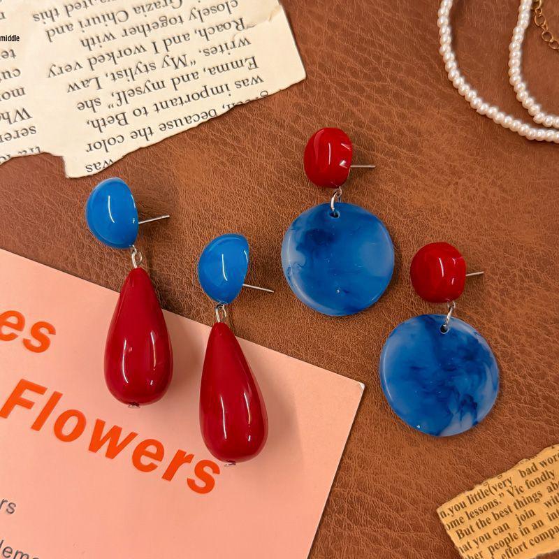 Retro Hong Kong Red Color Block Exaggerated Luxury Dangle Earrings - 2025 Vacation Style