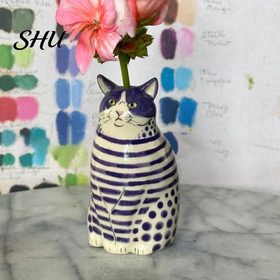 Real Flower Vase Dotted Cat Desktop Decoration Resin Cartoon Kitten Floral Plants Holder Indoor Dried Arrangement Container