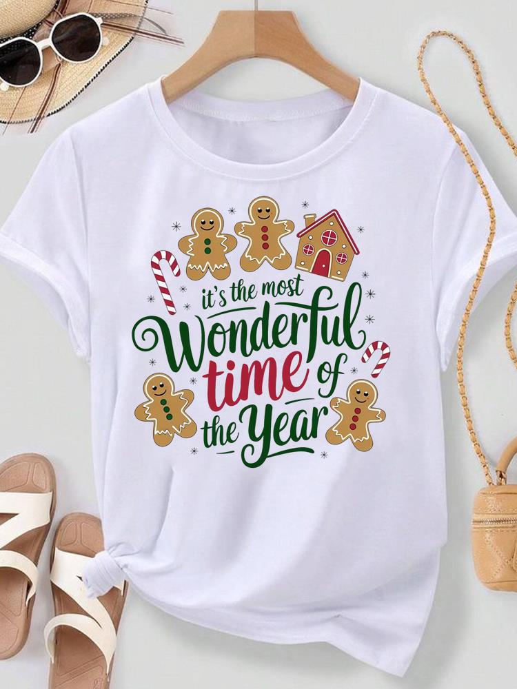 (Asian Size) Lovely Watercolor Cute Merry Christmas New Year Women's Top T Tee Festival O-neck Clothing Print Fashion Ladies Graphic T-shirts