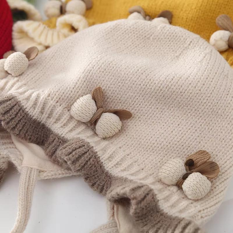Cute Bow Ruffle Baby Hat Winter Thicken Knitted Warm Infant Lacing Cap Solid Color Newborn Girl Ear Protection Bonnet Beanie