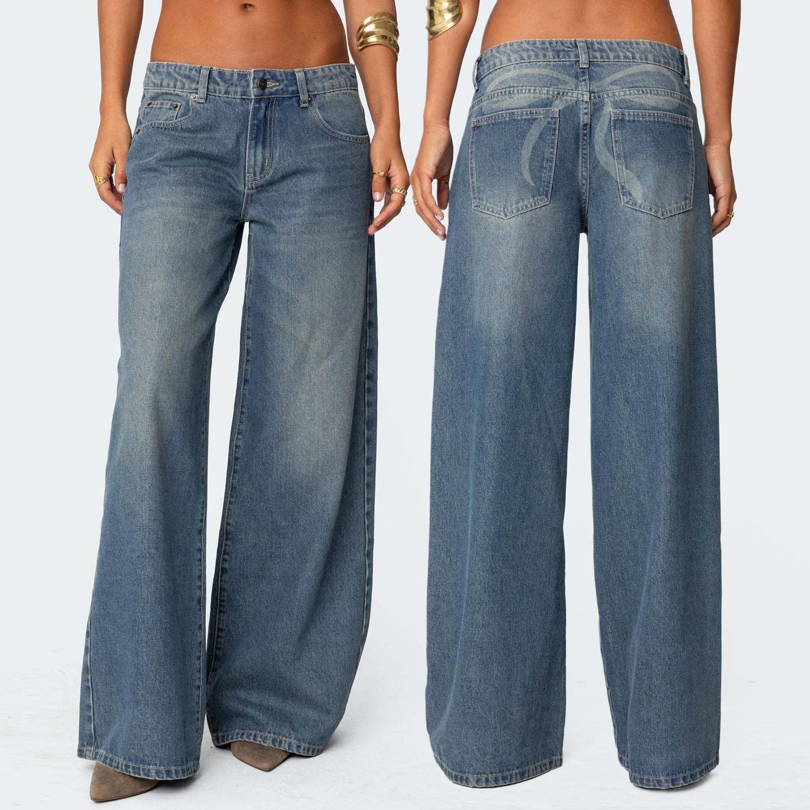 Women s Fashion Casual Versatile Vintage Wide Leg Jeans L темно-синий