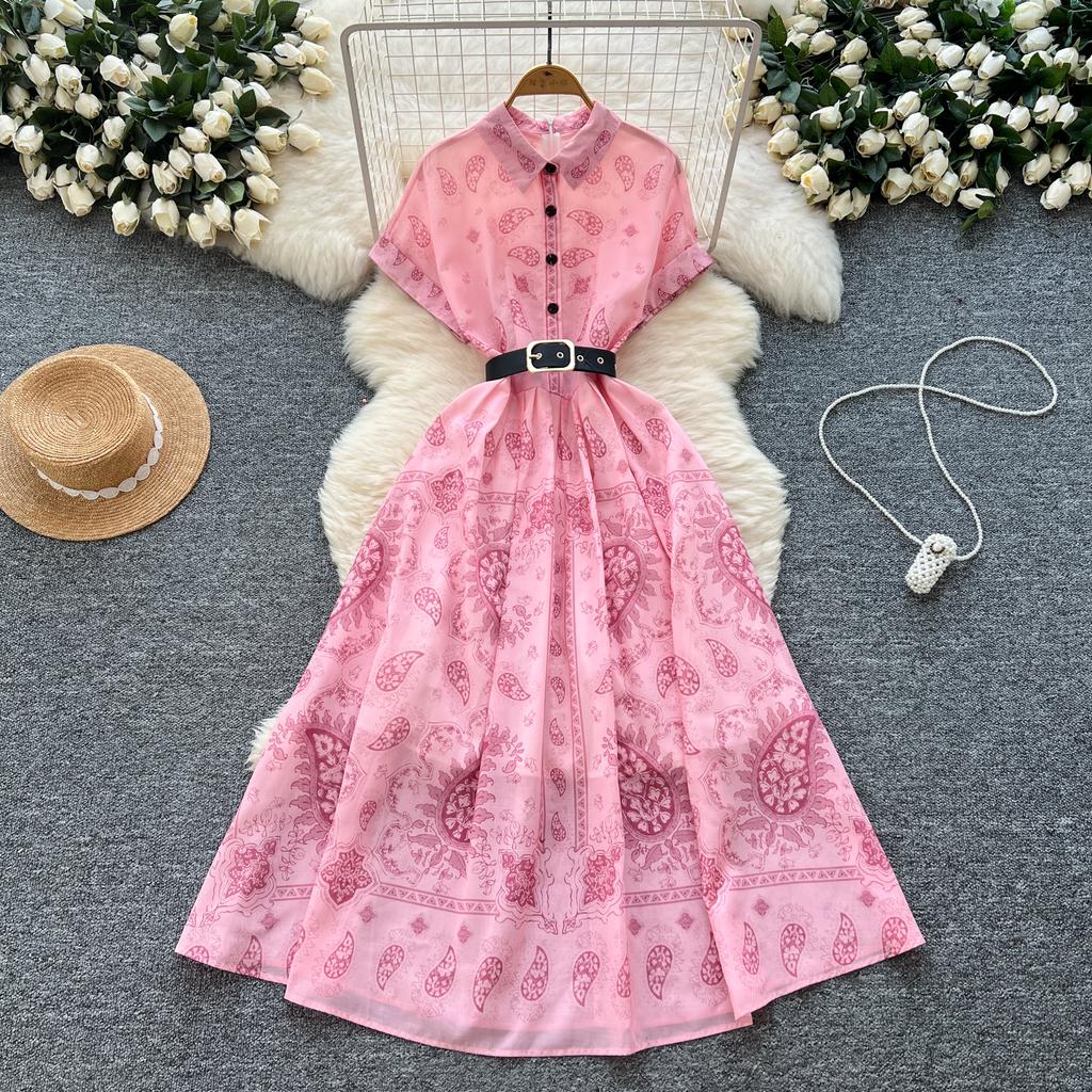 Kobiety Różowa Długa Sukienka Letnia Francuska Retro Krótki Rękaw Drukowane Sukienki Imprezowe Damskie Wąskie A-line Elegancka Długa Suknia Vestidos