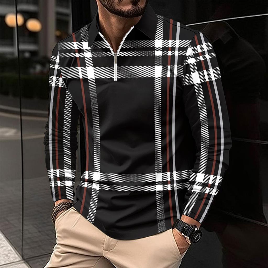 Stylish Men's Long Sleeve Plaid Zip Polo Shirt, Casual Fashion Top