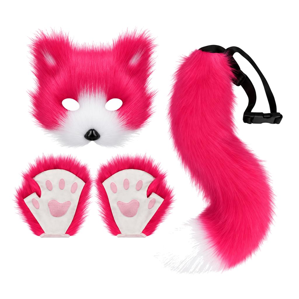Furry Fox Cat Animal Costume Set 3 Pcs Mask Paw Gloves Tail Therian Fursuit Anime Cosplay Accessories Halloween for Women