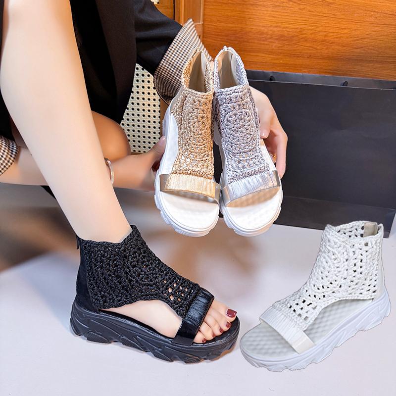 Women Sandals 2026 Hot Seller New Knitted Sandals Women Braided Elastic Summer Shoes Mesh Flat Bottom Hollow Out Female Sandals