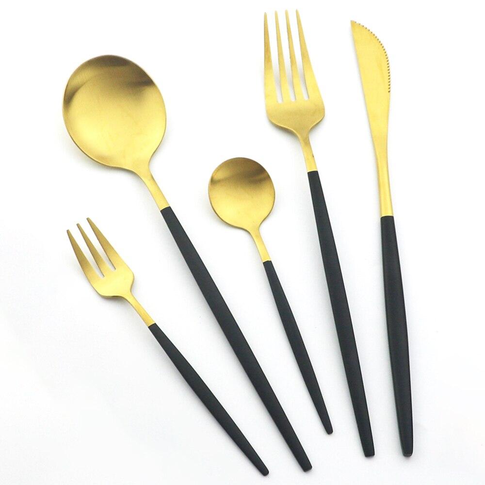 5Pcs Gold Dinnerware Cutlery Set Knife Cake Fork Tea Spoon Dinner Tableware Stainless Steel Flatware Home Kitchen Silverware Set