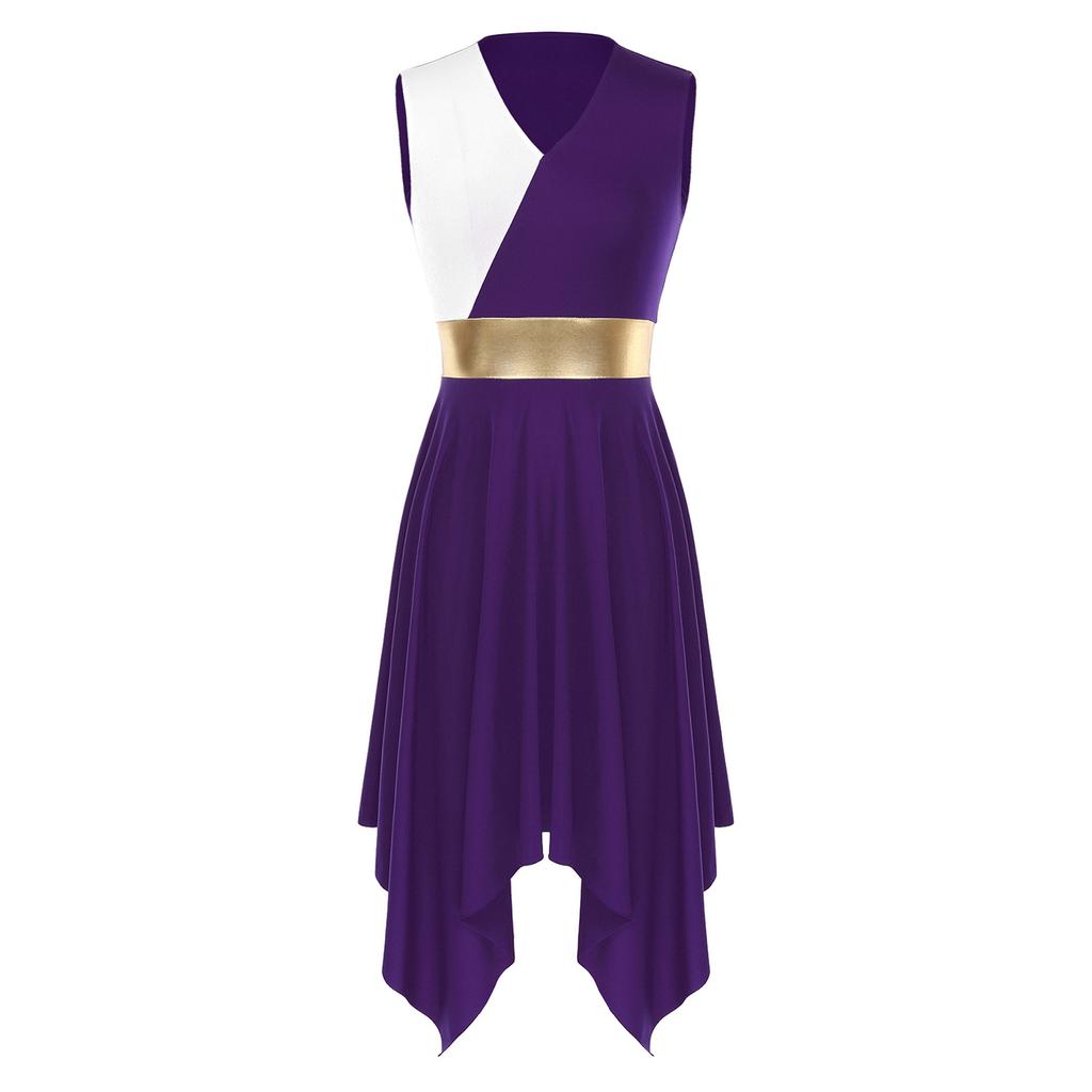 Womens Party Dance Dress V Neck Sleeveless Color Block Patchwork Irregular Hem Performance Outfit