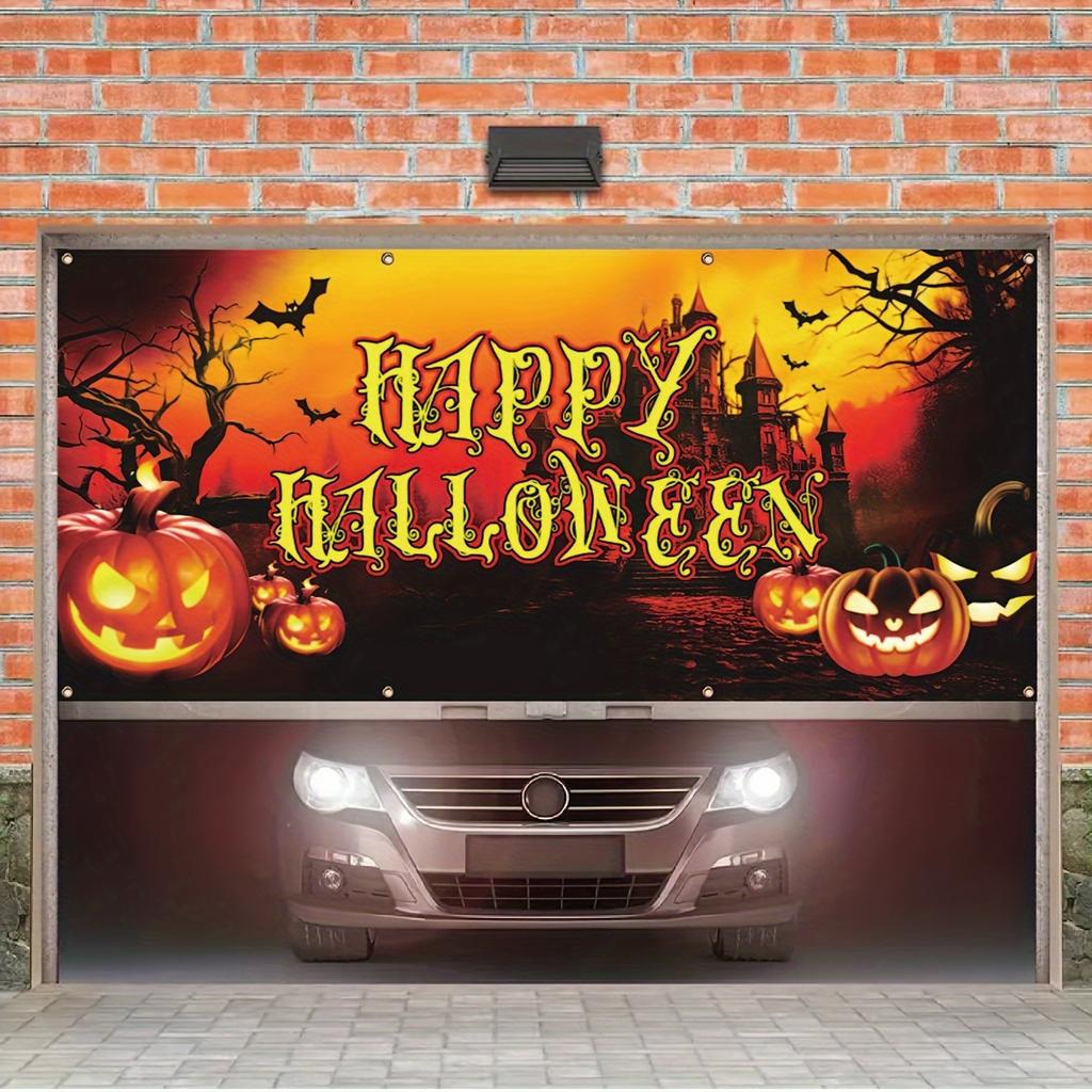 Outdoor sunset pumpkin and ghost castle designed Halloween garage door banner - holiday wall decoration for holiday cele
