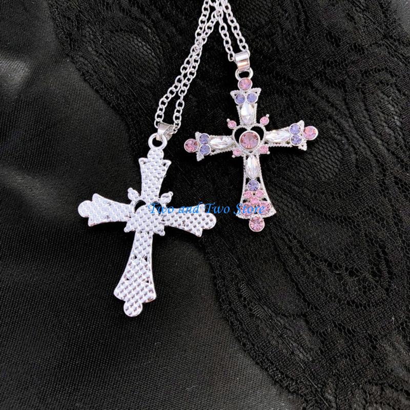 HX6F Rhinestones Pendant Clavicle Chain Colorful Crucifix Necklace Women Jewelry G CN