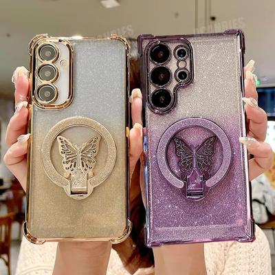 S25 24 23 Plating Butterfly Holder Case For Samsung Galaxy S24 S25 S23 S22 S20 S21 Fe Plus Ultra Silicone Stand Cover For A24 A55 5G A53 A54