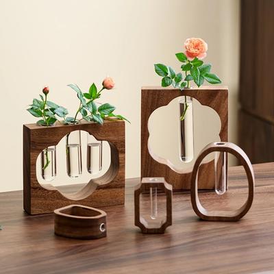 Creative Walnut Wood Chinese-Style Solid Wood Flower Vase Desktop Decoration Glass Plant Planter Vase Home Elegant Decorative