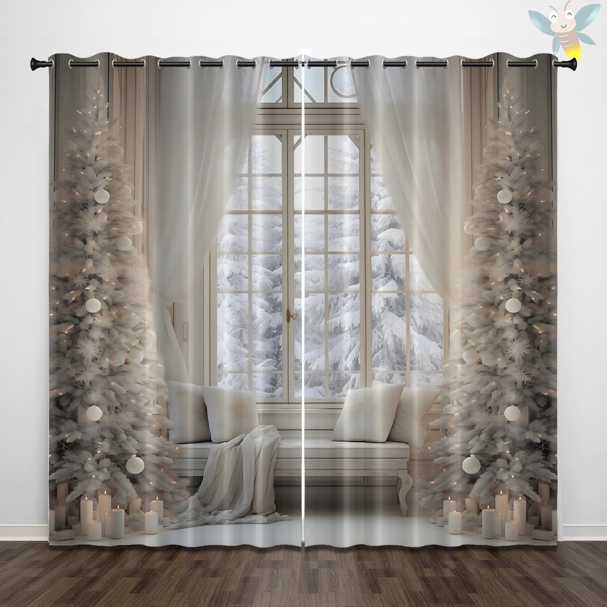 

Room Darkening Christmas Tree Pattern Printed Curtain Suitable Living Bedroom Sliding French Window Decor Set Of 2 Made Polyester Washable Great Ready W100*H70(CM)-Rod Pocket&2PCS