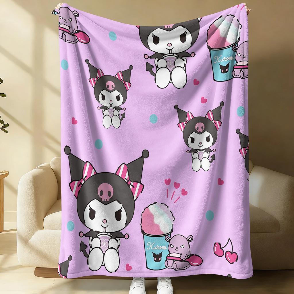 Kuromi Pink & White Stripe Flannel Blanket Soft Warm Throw Japanese Anime Camping Office Bedroom School Nap Blanket Summer Quilt