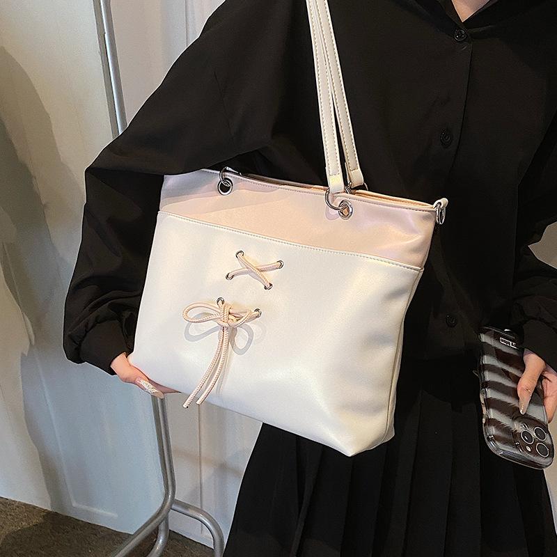 Summer Sweet Tote Bag for Women  New Large Capacity Soft PU Lace-up Shoulder Bags Fashion College Student Commuter Handbags